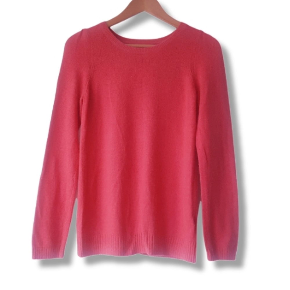 H&M Coral Crewneck Puff Shoulder Long Sleeve Angora Blend Pullover Sweat…